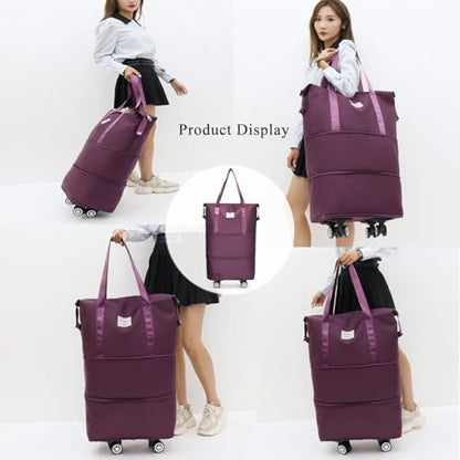 Expandable Foldable Duffel Bag with Detachable Wheels, 64L Large Capacity Rolling Travel Duffle Bag, Lightweight Carry on Luggage with Spinner Wheels, Weekend Gym Tote Bag (Deep Purple) - color: Deep Purple
