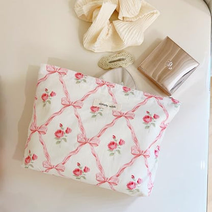 Wudygirl Makeup Bag Cosmetic Bag for Women Pink Pow Makeup Pouch Cute Makeup Organizer Portable Handbag Toiletry Bag Large Capacity Zipper Pouch (Pink Pow) - color: Pink Bow