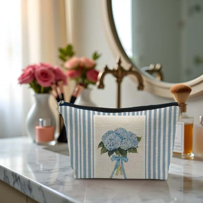 Blue Hydrangea Makeup Bag, Coquette Blue Bow Floral Cosmetic Bags Gifts for Women, Preppy Girly Striped Portable Travel Toiletry Bag Zipper Makeup Pouch - color: Flower two