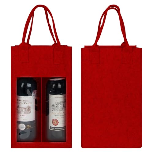 Felt 2-Compartment Wine Bottle Carrier Bag with Handle, Reusable Travel Wine Carry Bag (Red)