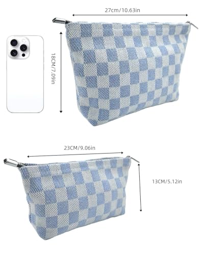2-Pack Blue & White Checkered Makeup Bag Set - Large Capacity Cosmetic Organizer Pouch | Travel Toiletry Bag & Purse Organizer for Women Girls - color: C01-LANGEZI