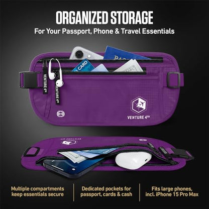 VENTURE 4TH Money Belt for Travel – Slim Hidden Under-Clothes RFID Blocking Anti-Theft Passport Holder & Travel Wallet Pouch for Men & Women to Protect Cash, Cards & Documents (Purple) - color: Purple