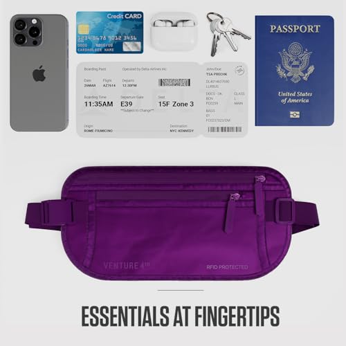 VENTURE 4TH Money Belt for Travel – Slim Hidden Under-Clothes RFID Blocking Anti-Theft Passport Holder & Travel Wallet Pouch for Men & Women to Protect Cash, Cards & Documents (Sleek Purple) - color: Sleek Purple