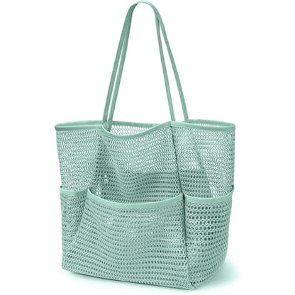 KPX Beach Bag with Mini Pocket, Summer Beach Tote Bags for Women Large Foldable Mesh Swimming Pool Travel Bags - Sandproof - color: Ash Green