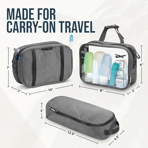 Toiletry Bag Kit 3 Piece Set: Hanging Travel Toiletry Bag + 311 TSA Cosmetic Liquid Bag + Accessory Organizer Pouch - color: Grey