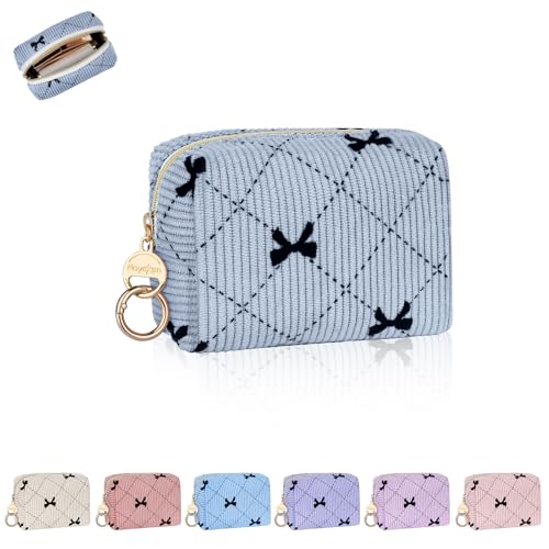 Mini Makeup Bag, Corduroy Small Cosmetic Bag for Purse with Ring Buckle, Bow Tie Travel Makeup Pouch for Lipsticks, Chapsticks, Coin, Earphone, Credit Card (Blue) - color: Bow-Blue