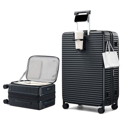 HanTrip Hard Shell Expandable Luggage Sets 2 Piece with Spinner Wheels Cup Holder, Top Opening Lightweight Luggage Rolling Suitcase with Lock, Carry On And Checked Luggage Set 2 Piece (Black, 20/28) - color: Black, size: Expandable 2-Piece Set(20/28)