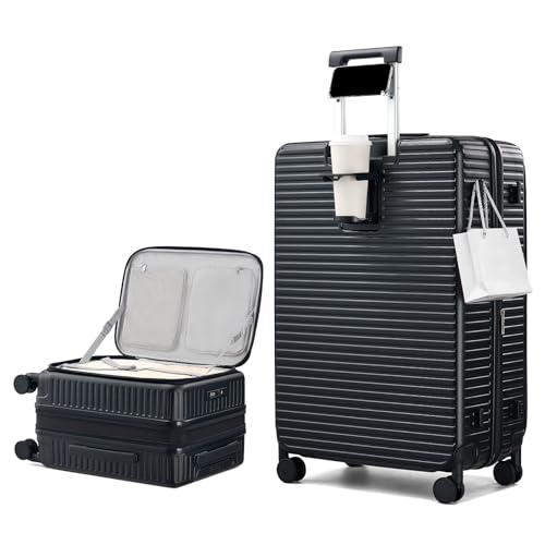 HanTrip Hard Shell Expandable Luggage Sets 2 Piece with Spinner Wheels Cup Holder, Top Opening Lightweight Luggage Rolling Suitcase with Lock, Carry On And Checked Luggage Set 2 Piece (Black, 20/28) - color: Black, size: Expandable 2-Piece Set(20/28)