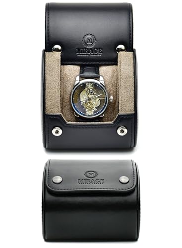 Leather Watch Roll Travel Case for Men – 1 Watch Holder Box - Full Grain Cowhide Leather - Sable Black - color: Saffiano Real Leather/Single watch case