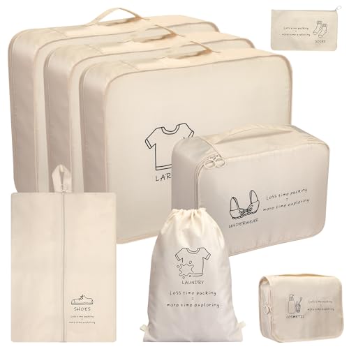 8 Set Travel Packing Organizers- Luggage Organizer for Suitcase Organization with Hanging Toiletry, Shoe & Laundry Bags, Packing Cubes for Travel Essentials, Cute Gifts for Women, Beige - color: Beige