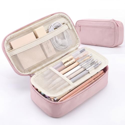 WEMATE Pencil Case, Large Storage Organizer, Makeup Bag, Teacher Must - have, Big Pencil Pouch, Marker Case for College - color: Light Pink