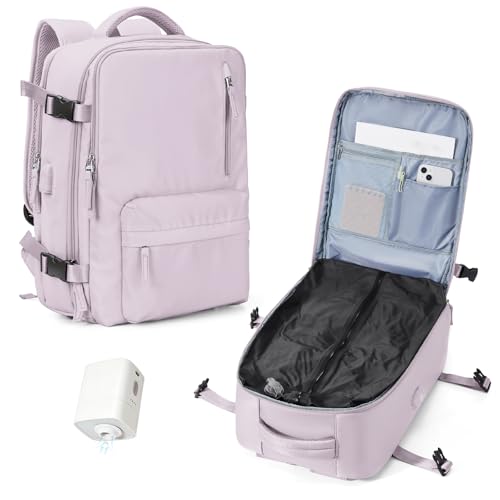 Vacuum Seal Backpack for Travel with Air Pump Compression Daypack Personal Item Carry on Flight Approved Vacpack Laptop Space Saver Bags Storage with Vacuum System Travel Bag Women Men LotusPink - color: A8-peachpink