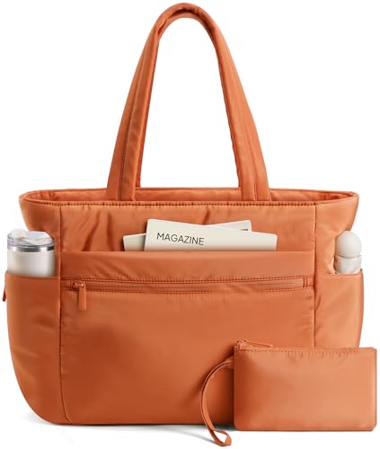TOPEAST Tote Bag for Women Puffer Travel Carry On Bags with Laptop Compartment & Cup Holder Work Tote for Weekend Overnight - color: Orange, size: 15.6 Inch-24L