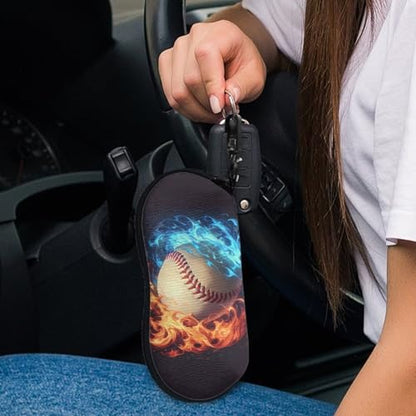 AFPANQZ Glasses Case with Carabiner Hanging Portable Neoprene Zipper Sunglasses Case Soft Lightweight - color: Blue Red Flame Baseball