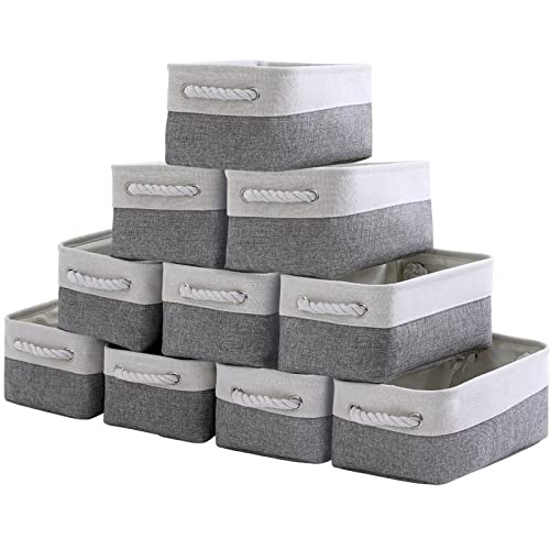 Storage Baskets 12x8x5 inch 10 Pack Fabric Baskets Foldable Storage Bins Decorative Baskets cloth storage baskets Storage Foldable Storage Bin with Rope - color: White&Grey, size: Small 10 Pack