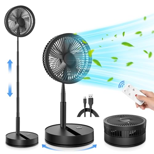LIPETY Portable Foldable Oscillating Fan - 8.6" 8000mah Rechargeable Battery Operated USB C Small Fan with Remote Quiet Table Desk Fan Folding Standing Pedestal Fan for Rome Office Camping Travel - color: black