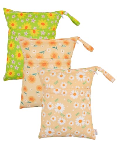 ALVA ALVABABY 3pcs Medium Cloth Diaper Wet Dry Bags Waterproof Reusable with Two Zippered Pockets Travel Beach Pool Daycare Soiled Baby Items Yoga Gym Bag for Swimsuits or Wet Clothes 3L-ZM46 - color: Sunny Daisy Party Series