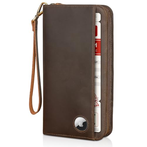 Polare Full Grain Leather Family Passport Holder Travel Documents Organizer RFID Blocking Wallet with Coin Pouch and AirTag Slot Fits 6 Passports