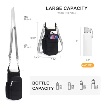 Water Bottle Bag 40 oz Crossbody Bag Insulated Carrier Purse Holder for Walking Hiking with Adjustable Strap - color: Black