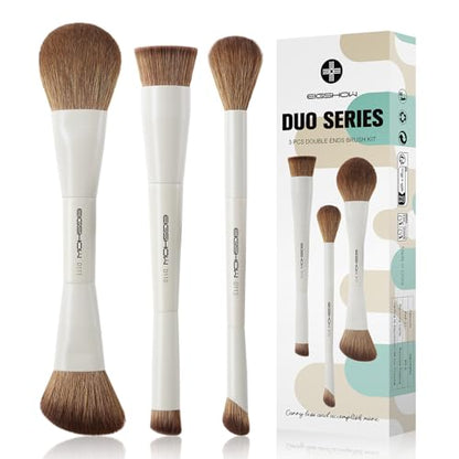 EIGSHOW Makeup Brush Set, 3Pcs Double Ended Face Makeup Brushes for Foundation Powder Contour Highlight Concealer Nose Shadow, Travel Gift Set (Beige) - color: Beige
