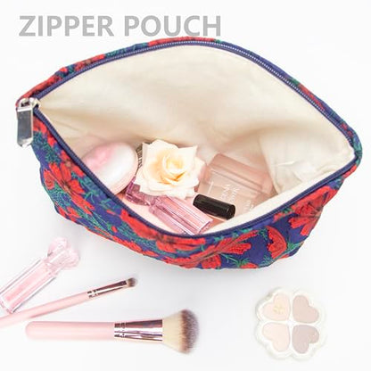 PAZIMIIK Makeup Bag Large Cotton Zipper Pouch for Purse Travel Canvas Make Up Organizer for Women Cosmetic,Brocade Navy Blue - color: Brocade Navy Blue