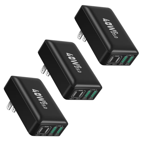 Flat USB C Wall Charger, OKRAY 3-Pack 40W 4-Port PD3.0&QC3.0 Fast Charging Blocks Foldable Plug, Slim Type C Android Charger Multiport Travel Adapter for iPhone 17 Air 16 15 14 13, Galaxy S25 S24 A16 - color: Black-3Pack