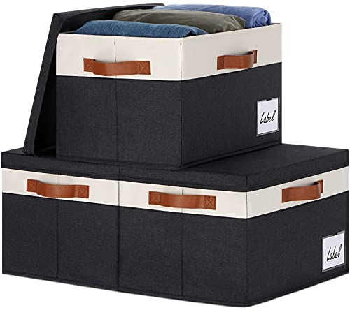 GhvyenntteS Extra Large Storage Bins with Lids, Foldable Fabric Storage Boxes with Lids and Handles, Storage Baskets with Lid and Label for Home Office (3 Pack, Black, 15.75" x 11.8" x 10.2") - color: Black with White, size: Extra Large-3 Pack