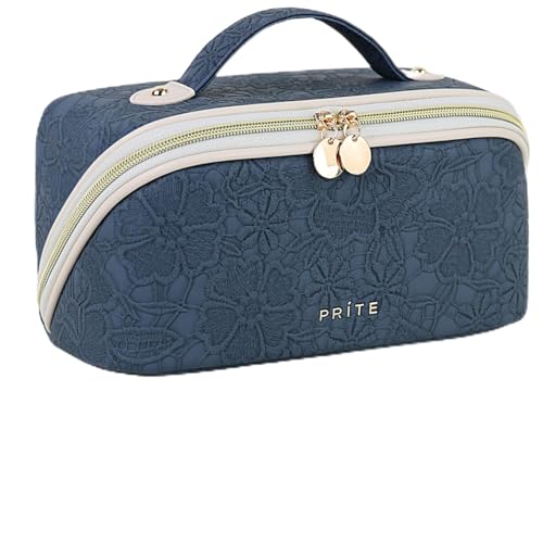 Prite Makeup Bag for Women Travel Waterproof Vegan Leather Cosmetic Bag Open Flat Toiletry Bag With Clear Divider and Handle (Blue Flower, Large) - color: Blue Flower, size: Large