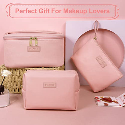 MAANGE Travel Makeup Bag - Large Makeup Bag with 2pcs Small Makeup Bag Portable Leather Cosmetic Bag Toiletry Bag Make Up Bags for Women and Girls (Pink) - color: Pink