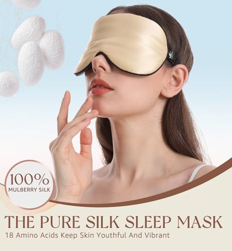 HiRui Silk Sleep Mask, 100% Natural Mulberry Silk of Double-Sided & Inner-Filling, Ultra-Smooth Soft, Adjustable Strap, Blocks Light for Night Sleeping, Travel, Office Naps (Champagne) - color: Champagne