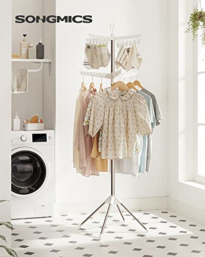 SONGMICS 2-Tier Clothes Drying Rack, 72-Inch Folding Laundry Drying Rack with 3 Rotatable Arms for Hangers, 24 Clips, Stainless Steel, for 27 Pieces of Clothes, White and Silver ULLR512W01 - color: White + Silver, style: 2-Tier-Clip