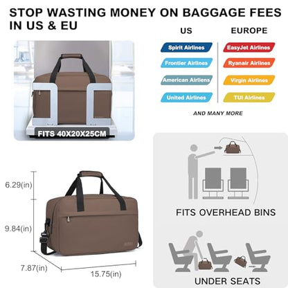 Kono Travel Duffel 20L Under Seat Carry-On Sports Tote Gym Weekender Overnight Bag - Brown, 15.75"x9.84"x7.87" - color: Brown, size: M(15.75in x 9.84in x 7.87in)-20L
