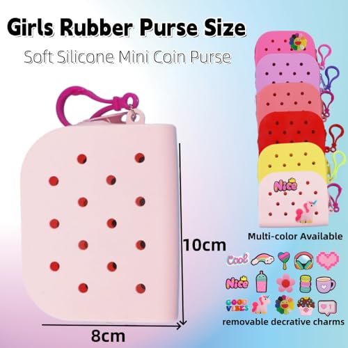 Soft Silicone Mini Coin Purse with Zipper and Cartoon Hole,with 15 pcs DIY Charms. Portable Keychain Pouch Organizer (Baby Pink) - color: Baby Pink