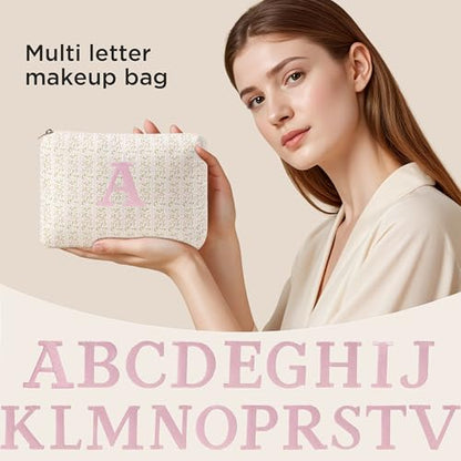 HBselect Initial Quilted Makeup Bag, Pink Cosmetic Travel Toiletry Bag, Flowers Coquette Zipper Make Up Pouch Organizer Teen Girl Gift Trendy Stuff B - color: 1Pc Medium Pinkflower, style: B
