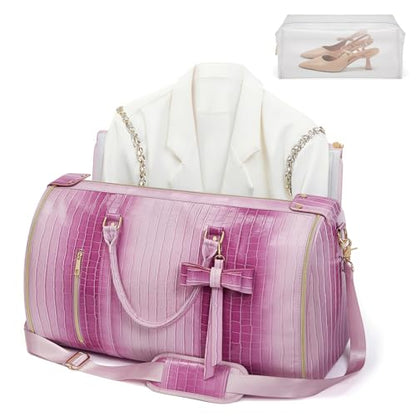 Convertible Garment Duffle Bag for Women, Foldable 2-in-1 Carry On Travel Bag with Shoe Compartment & Toiletry Pocket, PU Leather Stylish Garment Bags for Business Trip, Vacation, Pink-White - color: Rose-Pink