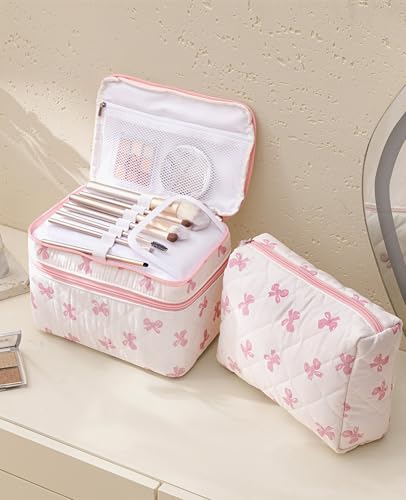 HBselect 2Pcs Travel Makeup Bag, Large Cotton Quilted Makeup Bag Cosmetic Bag Cute Make up Bag Toiletry Bags for Women Girls - color: 2PCS-BOW2