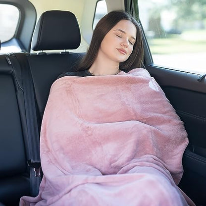 BlueHills Travel Blanket Pillow Rolled Premium Soft Plush Airplane Throw Traveling Gifts Compact in a Bag 70 X 48 inches Long Plane Flight Portable Lightweight Pink R02 - color: R02-pink