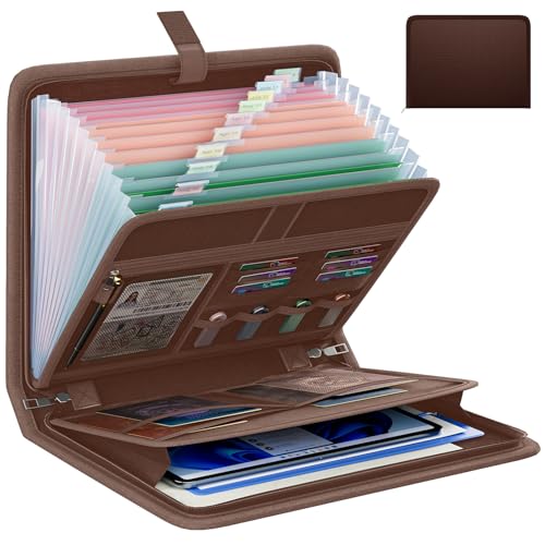 Fireproof Accordion File Organizer, Portable Expanding File Folder with Waterproof Zipper&Labels, Brown Document Organizer with 13 Pockets, File Organizer for Important Document/Paper Storage - color: Brown
