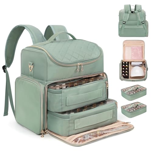 Extra Large Nail Polish Organizer Backpack, Holds 86 to 100+ Bottles & Full Size Lamp, Travel Nail Organizers and Storage Bag with 2 Removable Pouches, Portable Nail Supplies Case for Nail Tech Kit - color: Rhombus Green Backpack, size: 86 Slots