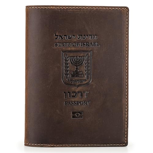 Top Grain Leather Single Travel Passport Wallet Embossing Badge for Unisex, Folio Design for Passport & Multi Cards, RFID Blocking for Passport/Cards/Checks/Bills/AirTag, Coffee Default, IL - color: 【IL】Israel Cover-Default Coffee, size: Badge Embossed Co