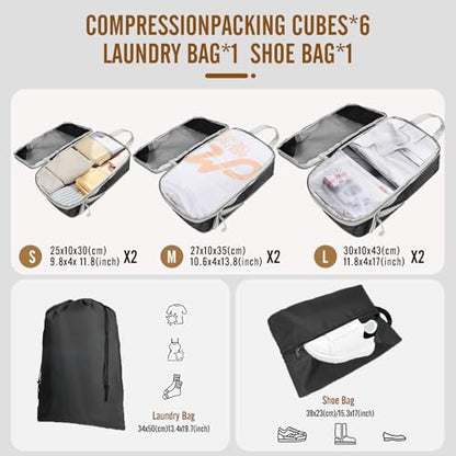 8 Set Compression Packing Cubes for Travel, Expandable Luggage Organizer with Shoe Bag & Laundry Bag - Lightweight Suitcase & Backpack Travel Essentials (Black) - color: Black