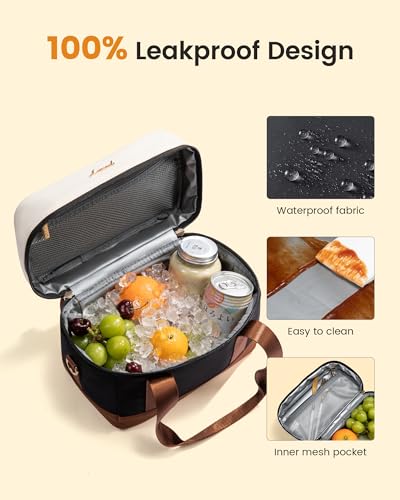 LOVEVOOK Insulated Lunch Box for Women Men, Reusable Lunch Bag with Large Capacity, Leakproof Cooler Lunch Tote for Work, Office, Outdoor Use, Black-beige-brown - color: Black-beige-brown, size: Medium