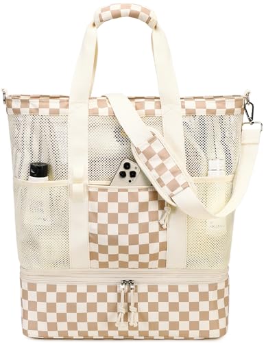 Bluboon Mesh Beach Tote Bag with Cooler Compartment Insulated Detachable Picnic Bag with Zipper and Pocket Pool Bag for Women - color: A-brown White Grid