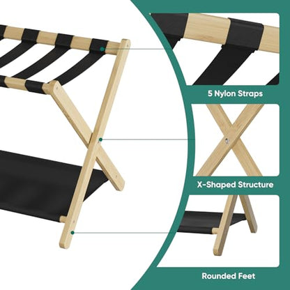 Smuxee Natural Bamboo Luggage Rack for Guest Room, Foldable Suitcase Stand with Storage Shelf, Easily Assembled Luggage Stand with 5 Nylon Straps for Guest Room Bedroom Hotel - color: Natural 1PCS