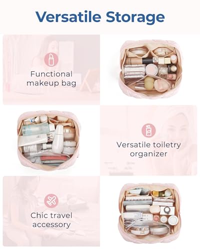BAGSMART Makeup Bag, Travel Cosmetic Bag, Puffy Padded Make Up Bag for Women, Makeup Organizer Case, Wide-open Pouch Purse, Travel Essentials, Toiletries Accessories Brushes, Pink - color: A-Pink