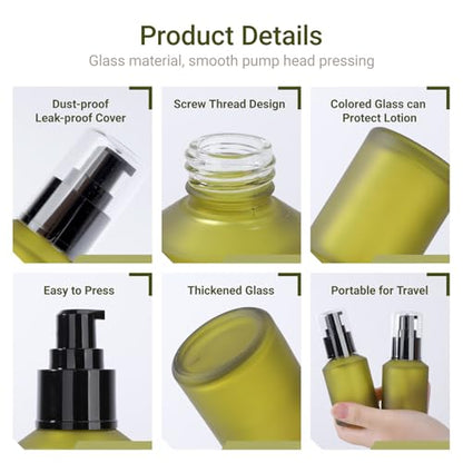 Segbeauty 2oz Frosted Glass Travel Lotion Container Refillable, 5pcs Small Travel Containers for Creams, 60ml Mini Empty Lotion Bottles with Pump Dispenser, Cosmetic Containers Bottle for Oils Creams - color: Green, style: 5pcs 2oz