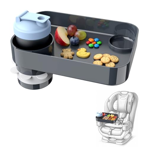 Car Seat Snack Tray for Kids, Mess-Free Square Travel Tray Cup Holder Snack Tray, Durable Car Food Tray for Toddlers, Universal Fit Kids Travel Road Trip Essentials (1, Dark Grey) - color: dark grey
