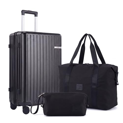 Hoteel Luggage Sets 3 Piece, 4-Yr Warranty, PC+ABS Suitcases with Wheels and Side Hook, Hardshell 20 inch Luggage with Duffel Bag Travel Bag, Black(20/DB/TB) - color: Black, size: 3 Piece Set (20/DB/TB)