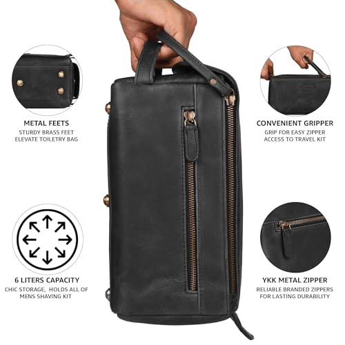 LEATHER VILLAGE Genuine Leather Travel Toiletry Bag - Water-Resistant Dopp Kit for Toiletries, Large Shaving Bag & Bathroom Organizer - Gift for Men & Women - Distressed Black - color: Distressed Black