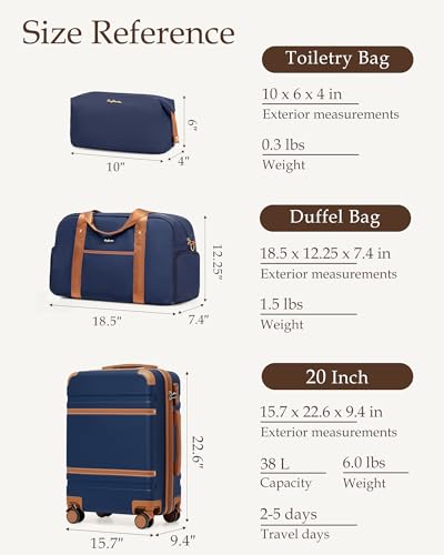 LONG VACATION Carry On Luggage Set 3 Piece, 20 Inch ABS+PC Hardshell Carry on Suitcase with Spinner Wheels TSA Lock & YKK Zipper - color: Navy Brown, size: 3 Piece Set (20 Inch)